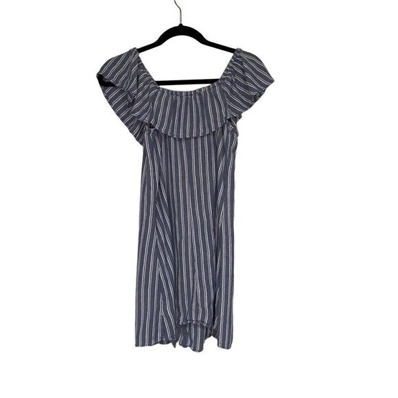 American Eagle woven and ruffled off the shoulder blue and white striped dress - Picture 4 of 7